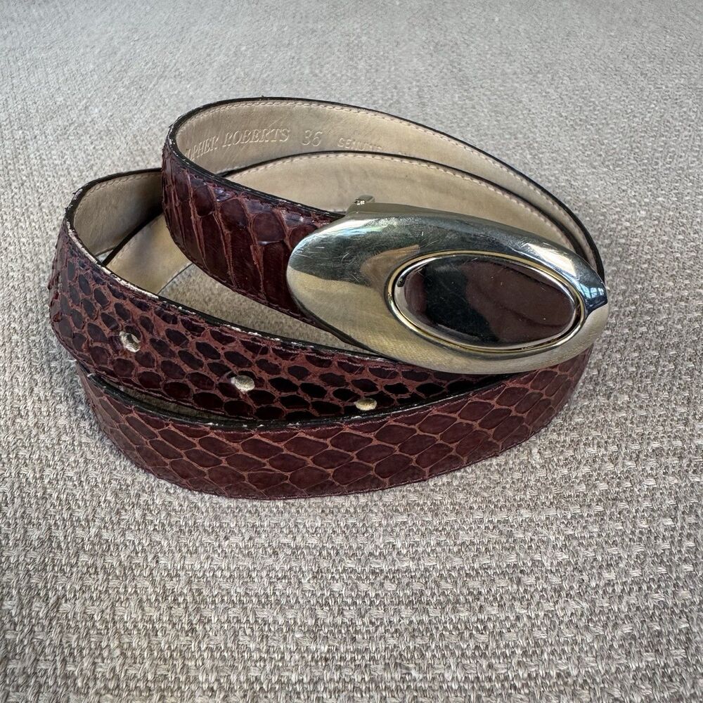 Vintage Red Brown Genuine Snakeskin Skinny Belt Size 36 Brass Silver Buckle 558